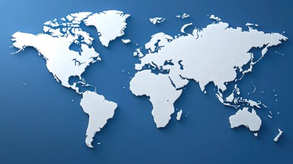 World map features white outlines of continents and oceans on a blue background for geographic study