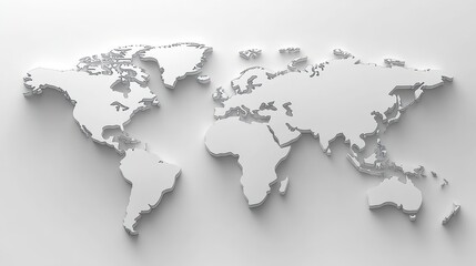 A detailed 3D representation of a world map emphasizing geographical features and outlines