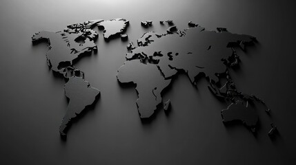 Black world map displaying geographic outlines with shadows against a dark background