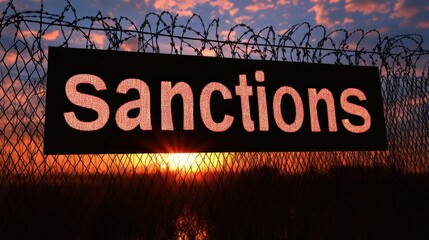 A sign reading sanctions is illuminated by the setting sun through a barbed wire fence