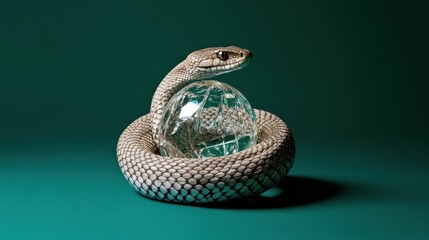A snake is elegantly coiling around a clear crystal orb while resting on a solid teal backdrop in a carefully arranged studio environment