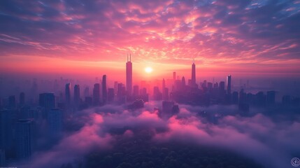 Vibrant sunrise cityscape above a sea of clouds.
