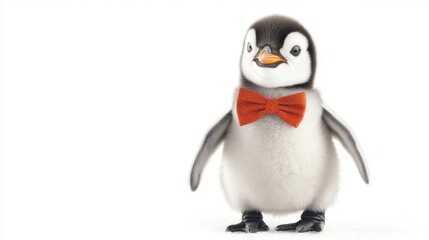 A cute chick dressed in a bright festive bow tie stands proudly against a white background, ready to join in on a joyful celebration or event with a cheerful appearance