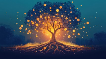 A mystical tree glows with golden orbs, illuminating the dark blue background, symbolizing life, magic, and interconnectedness.