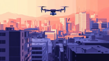 Drone Flying Over a Modern Cityscape at Sunset with Mountains in Background