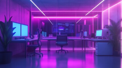 A modern office space illuminated with vibrant pink and blue neon lights, featuring sleek furniture and a futuristic design.