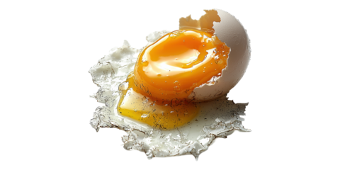 Broken egg with yolk and cracked shell isolated on transparent background