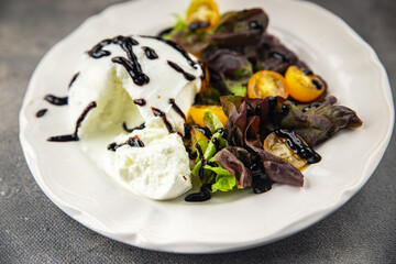 burrata salad fresh tasty food dish Delicious gourmet food background on the table rustic food top view copy space keto and paleo diet Vegetarian and vegan food