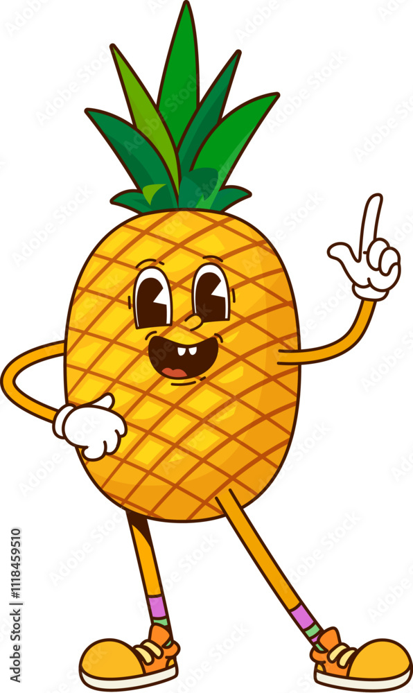 Poster Cartoon funny groovy pineapple fruit character. Isolated vector cheerful tropical fruit retro personage stands with friendly smile and pointing up finger, engaging children at healthy eating habits