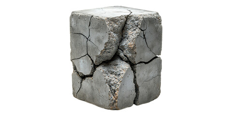 Cracked concrete cube fragment isolated on transparent background