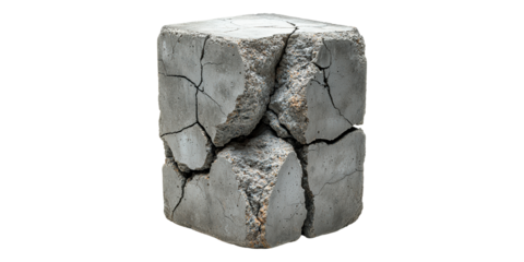 Cracked concrete cube fragment isolated on transparent background
