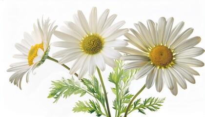 Fototapeta premium Elegant Trio of White Daisies in Full Bloom. High-Resolution Botanical Image Showcasing Nature's Simplicity and Beauty, Perfect for Spring-Themed Art, Home Decor, Greeting Cards, and Digital Project