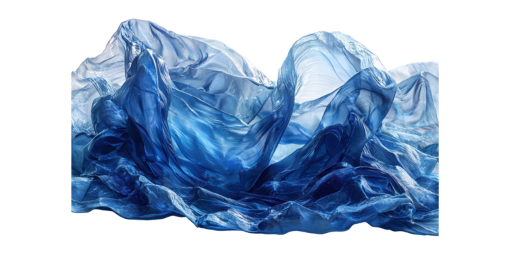 Flowing blue fabric waves isolated on transparent background