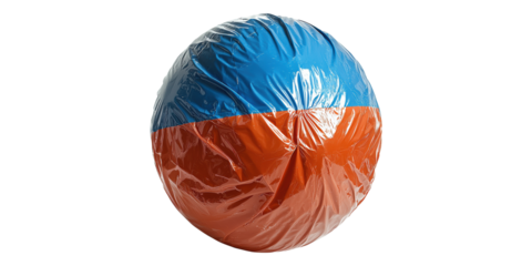 Inflatable beach ball with blue and orange segments isolated on transparent background