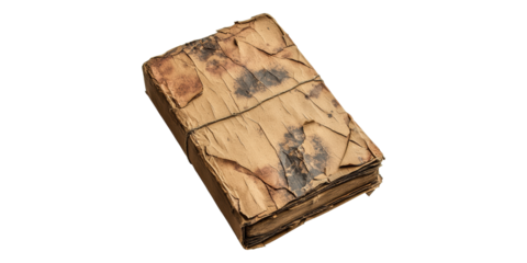 Worn antique book with tattered pages isolated on transparent background