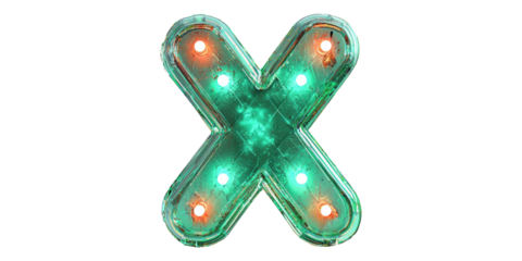 Green glowing letter x with bulbs isolated on transparent background