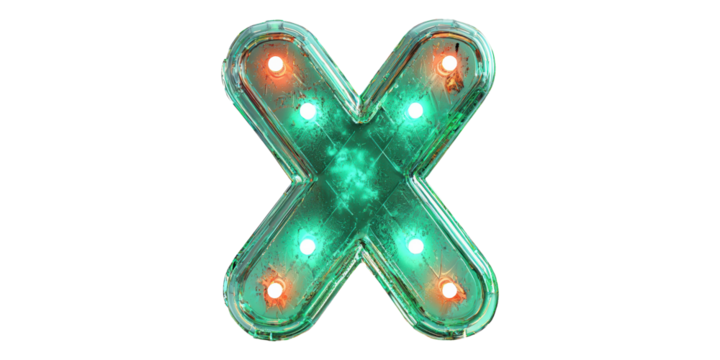 Green glowing letter x with bulbs isolated on transparent background