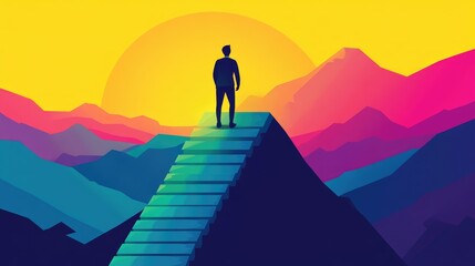 Obraz premium Abstract Success Journey: Man Standing at the Peak of Colorful Mountains