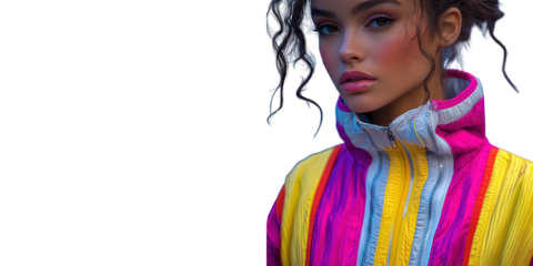 Woman in vibrant jacket with curly hair isolated on transparent background