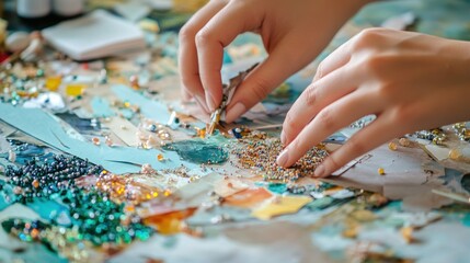 A person's hands arranging colorful materials on a creative workspace for crafting.