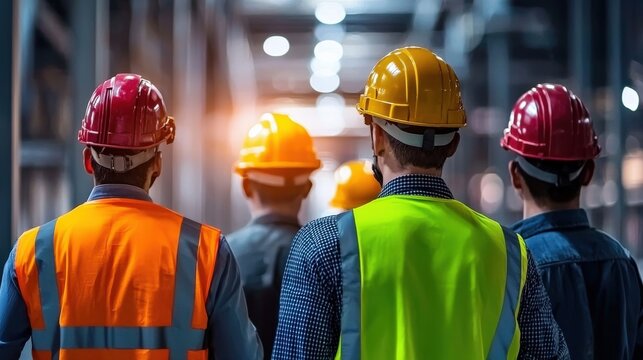 A successful corporate engineering team in safety helmets and reflective vests, standing together in a bustling industrial workspace