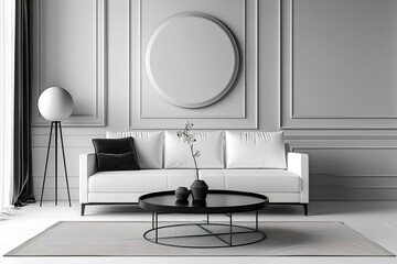 Studio shot of a Living Room in Monochrome Palette featuring a sleek white sofa, black coffee table, floor lamp, and abstract wall decor.