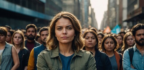 Woman, arms crossed and protest crowd in street for planet, climate change or sustainable future.