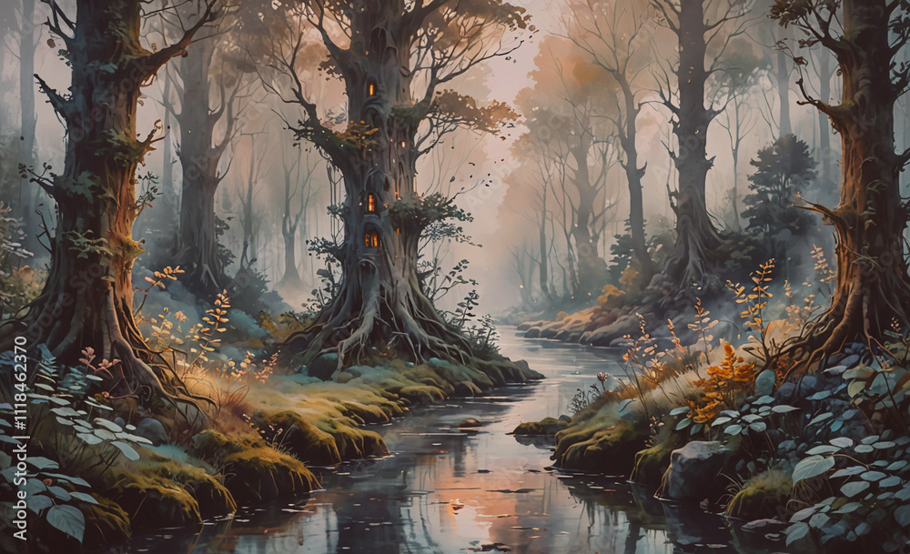 Aufkleber a forest with a river running through it. the trees are tall and the water is calm