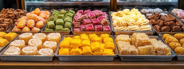 Fototapeta premium Colorful Indian Mithai Sweets Shop Display Assortment of Traditional Treats