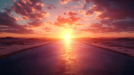 Endless Road Leading to a Sunset Landscape Illustration