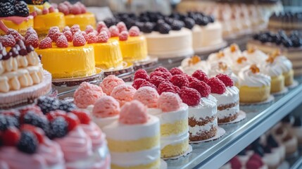 Delicious Cakes Pastries and Desserts in a Modern Bakery Display