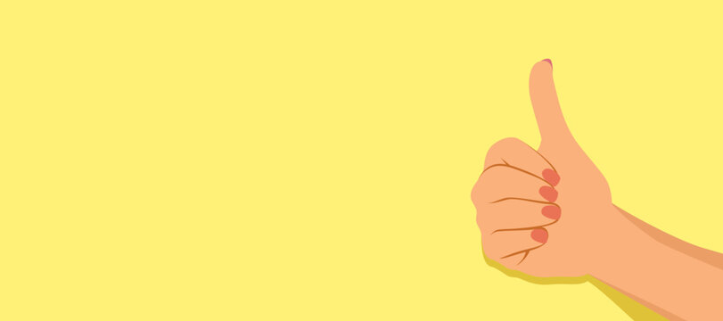 Female hand on right side making thumbs up with empty space on yellow background vector illustration. Optimism and approval concept