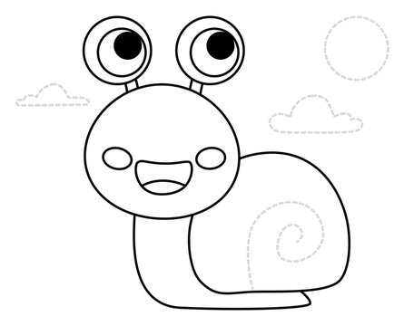 Snail drawing for graphomotor skills practice sheet exercise. Kids illustration for beginner children handwriting motor-skills