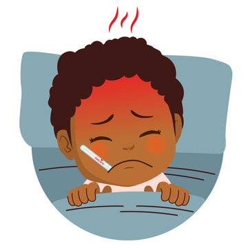 Girl feeling sick with fever vector cartoon illustration. Child feeling unwell with thermometer on mouth ill in bed