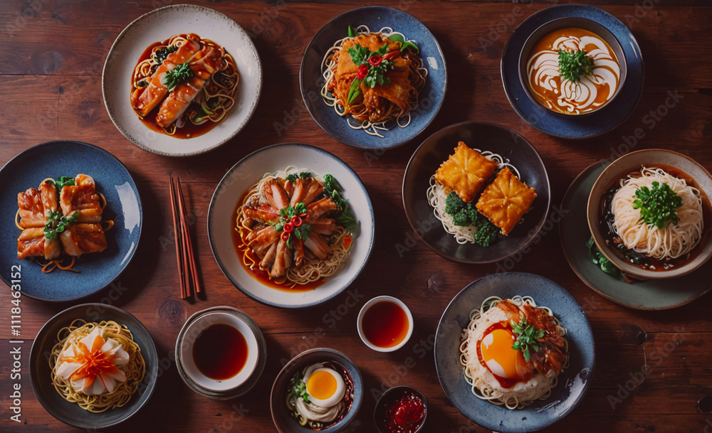 Poster a table full of asian food with chopsticks. the food is arranged in a way that makes it look like a 