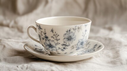 White teacup with blue floral pattern on matching saucer