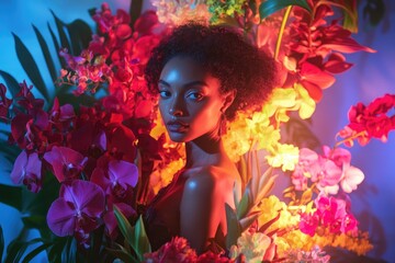 Obraz premium African female in tropical floral backdrop with vibrant lighting