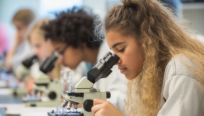 Students Engaged in Scientific Study Using Microscopes in Classroom Environment