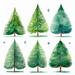Obraz premium Watercolor painting set of green Christmas trees. Hand drawn art for poster or postcard.