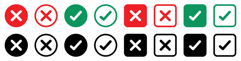 Green check marks and red cross mark icon button. Check mark icons set. Tick and cross symbol. Accepted or rejected, true or false, right or wrong, yes or no signs icons. Vector illustration.