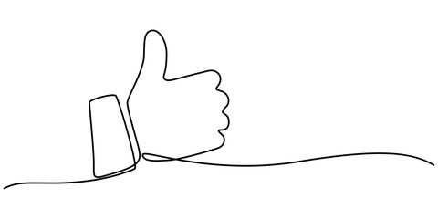 Continuous one line drawing of like hand showing thumb up. Vector illustration, Minimalist vector illustration representing a thumb up, a symbol of approval, drawn with one continuous line, pro vector