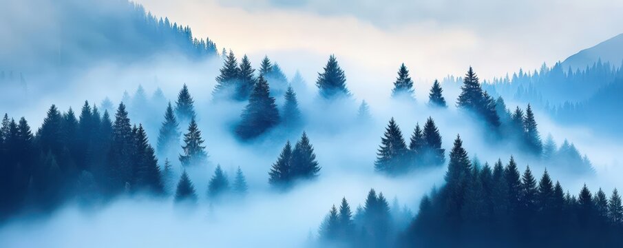 Misty mountain forest with tall pine trees. - Powered by Adobe