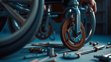 Wheelchair Brake System Maintenance Close-Up in Clinical Workshop, Technical Precision