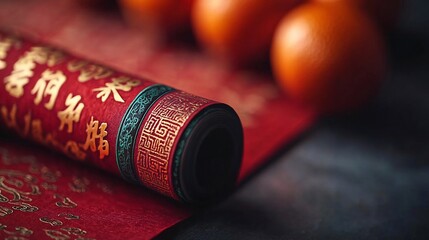 Chinese New Year Red Scroll Gold Characters Mandarin Oranges