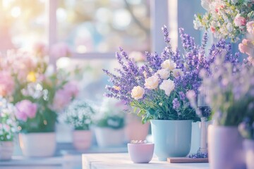 Bright and colorful flowers in vases on sunny windowsill