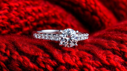 Diamond solitaire engagement ring on red knitted fabric