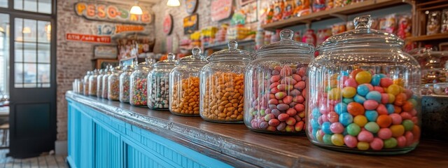 Retro Candy Store Colorful Sweets in Glass Jars Vintage Shop Display © Usman