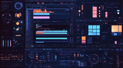 Obraz premium Futuristic digital interface with various data displays and controls.