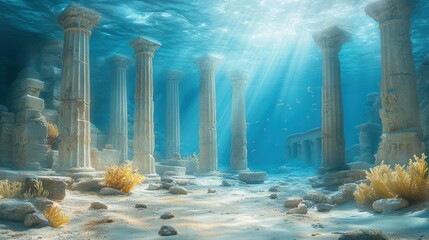 Sunlit underwater ruins of an ancient city with pillars and coral.