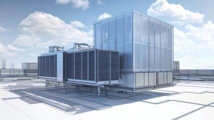 Rooftop HVAC system with glass enclosure.